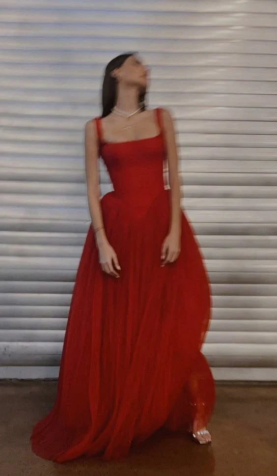 TingPo Wholesale Elegant Fancy Square Neck A Line Red Tulle Prom Dress Long Formal Evening Dress